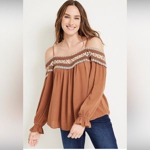 Crochet embroidered cold shoulder top